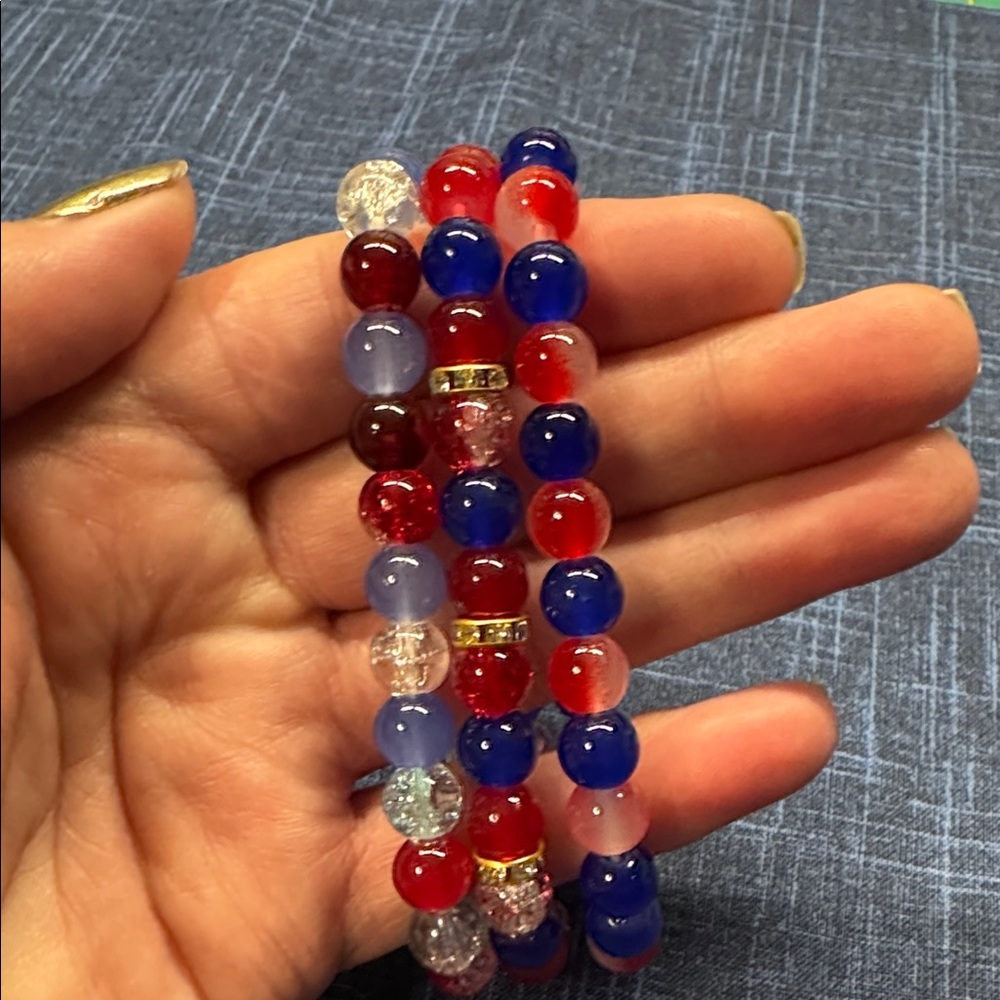 Handmade Elegant Glass Beaded Bracelet Set - Red, Blue, and Clear